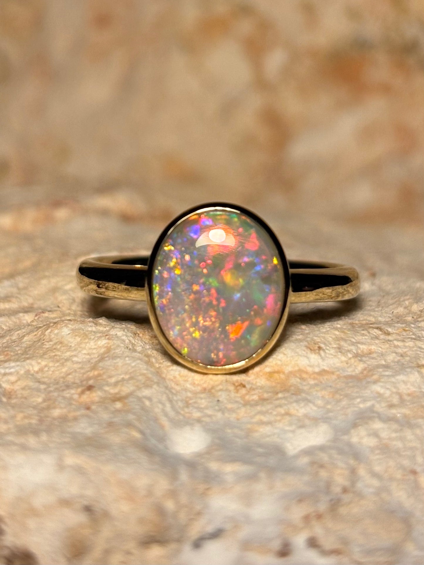 Confetti opal ring- 9k gold ring, size 7.75, P