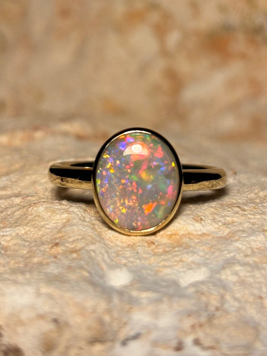 Confetti opal ring- 9k gold ring, size 7.75, P