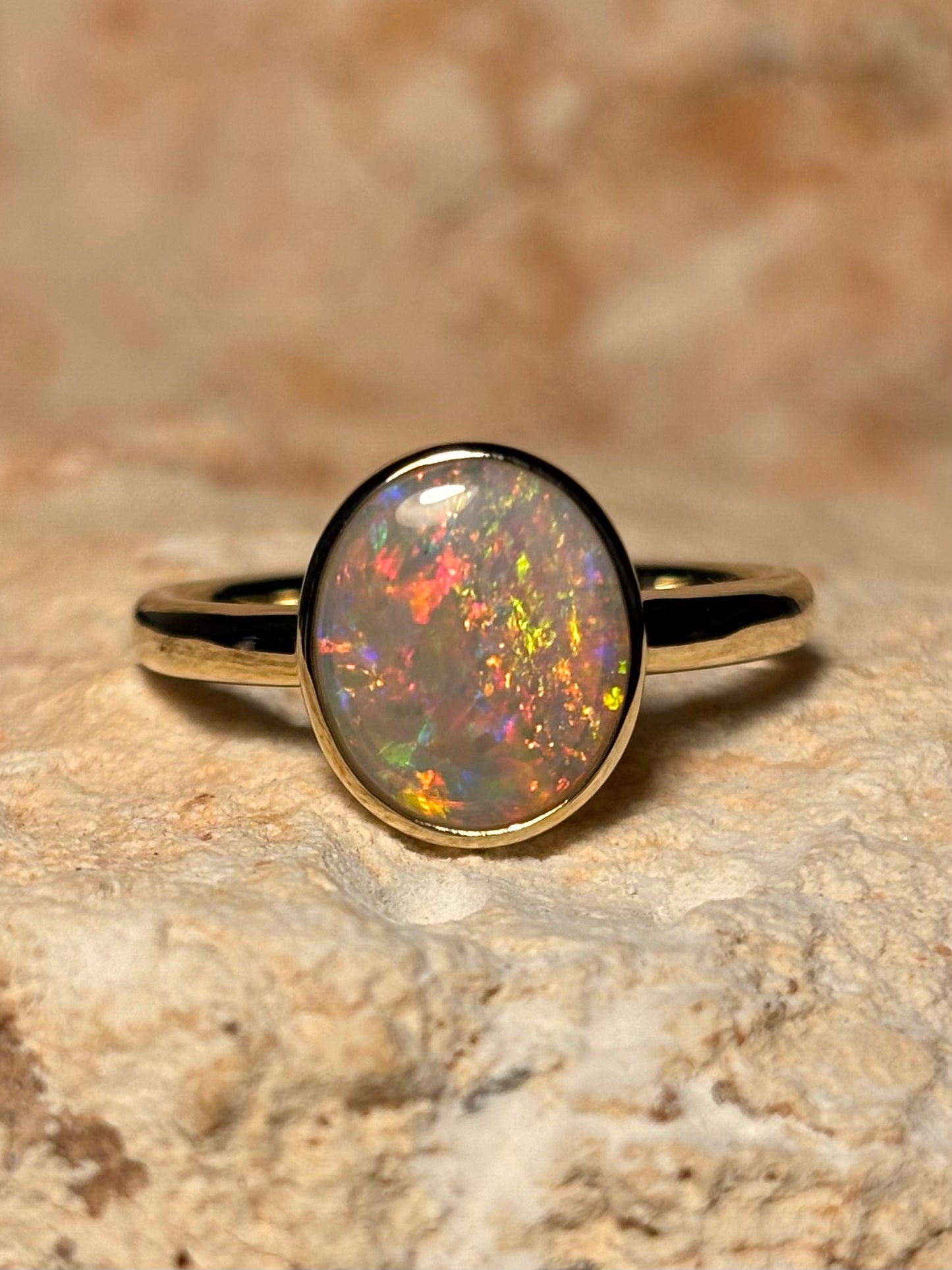 Confetti opal ring- 9k gold ring, size 7.75, P