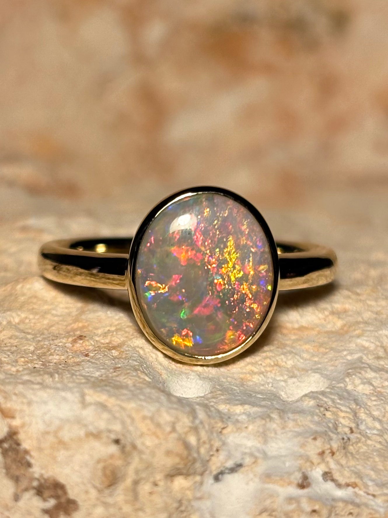 Confetti opal ring- 9k gold ring, size 7.75, P