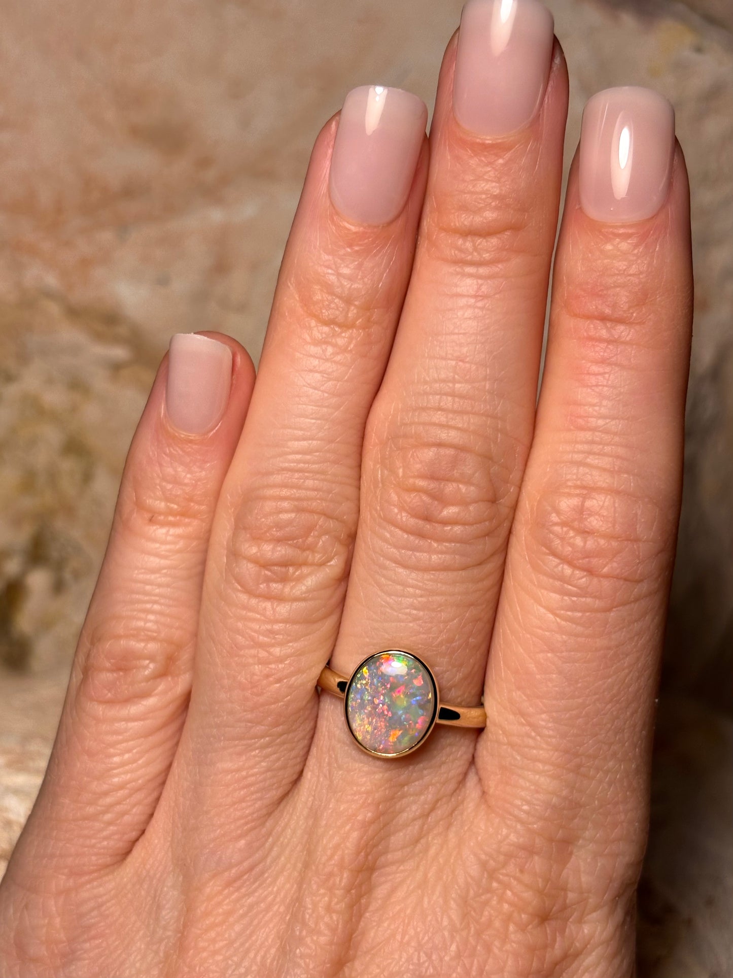 Confetti opal ring- 9k gold ring, size 7.75, P