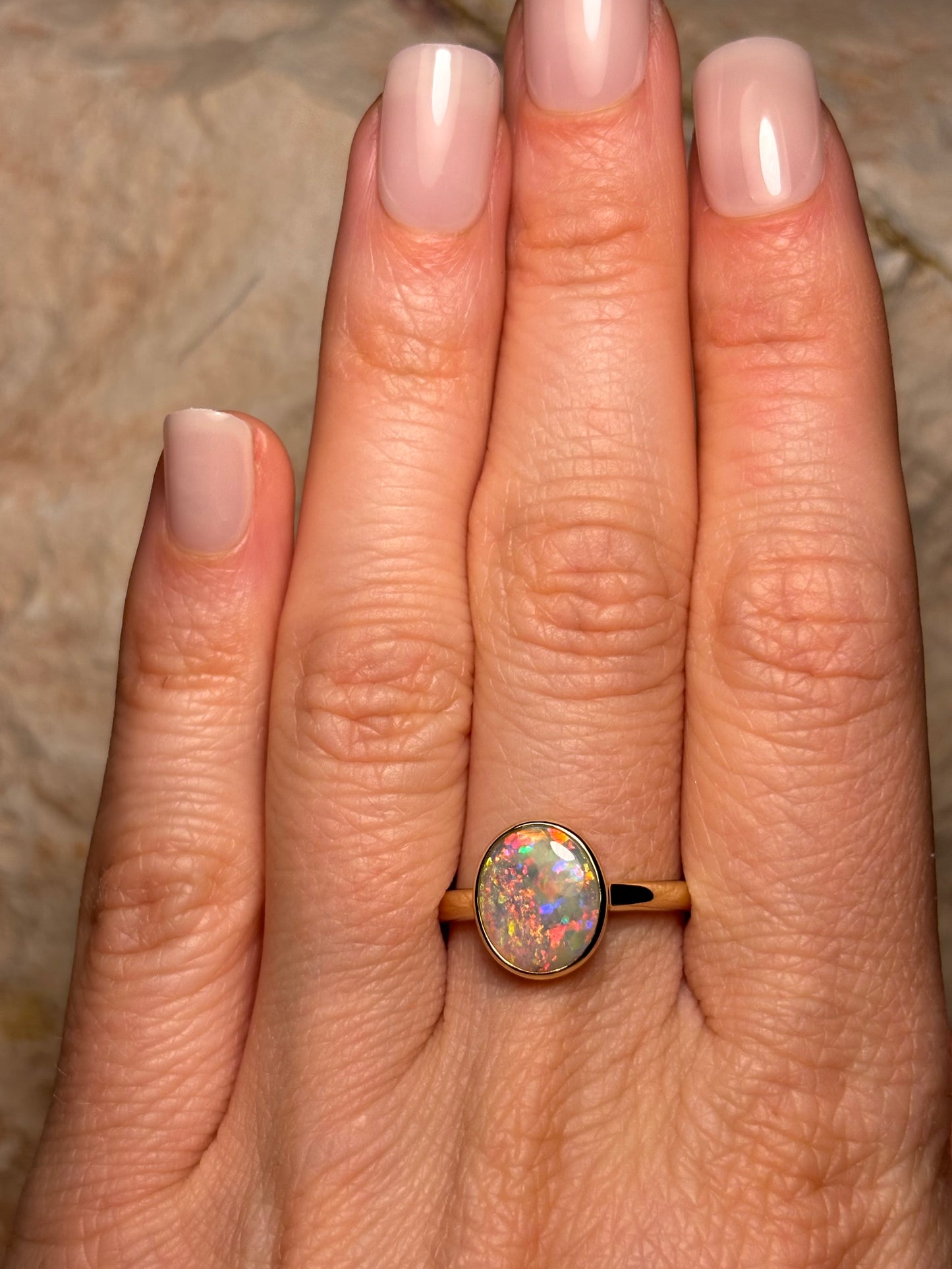 Confetti opal ring- 9k gold ring, size 7.75, P