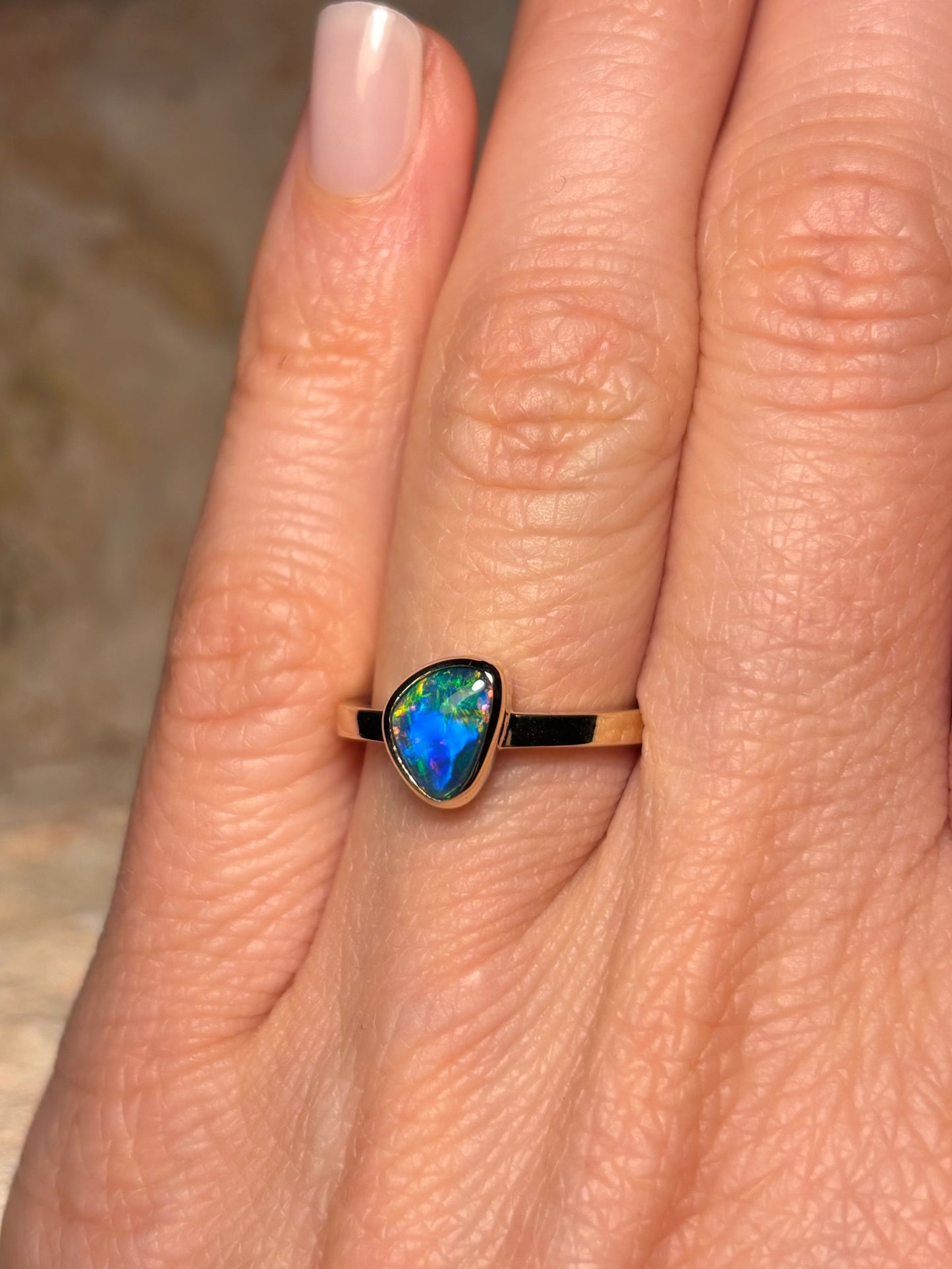 Galactic black opal ring - 9k gold, size 4, H 1/2