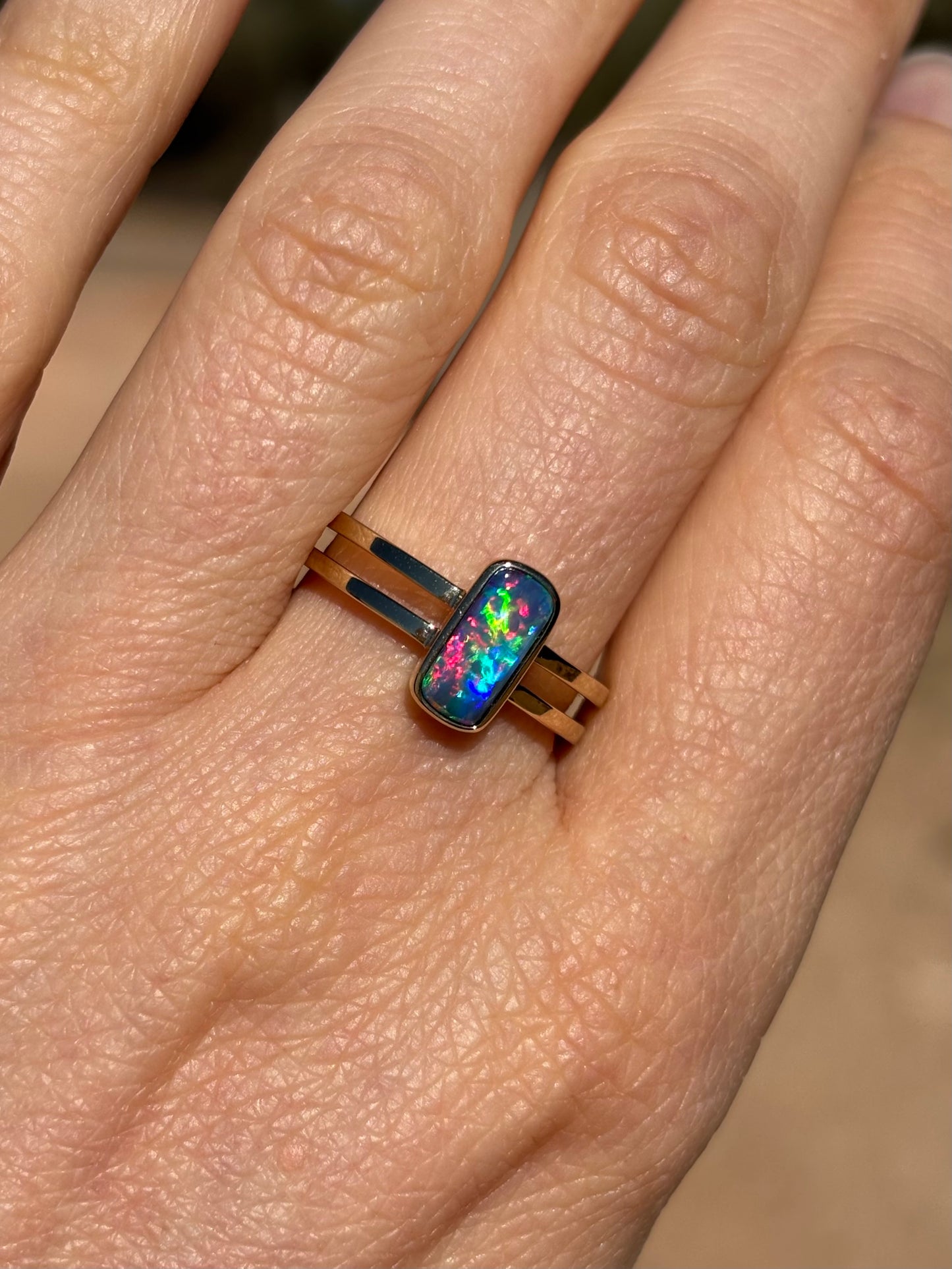 Rainbow Doublet - 9k gold ring, size 7.25, O