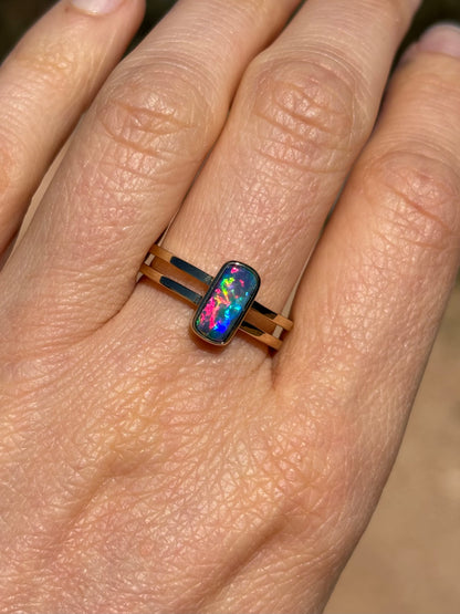 Rainbow Doublet - 9k gold ring, size 7.25, O