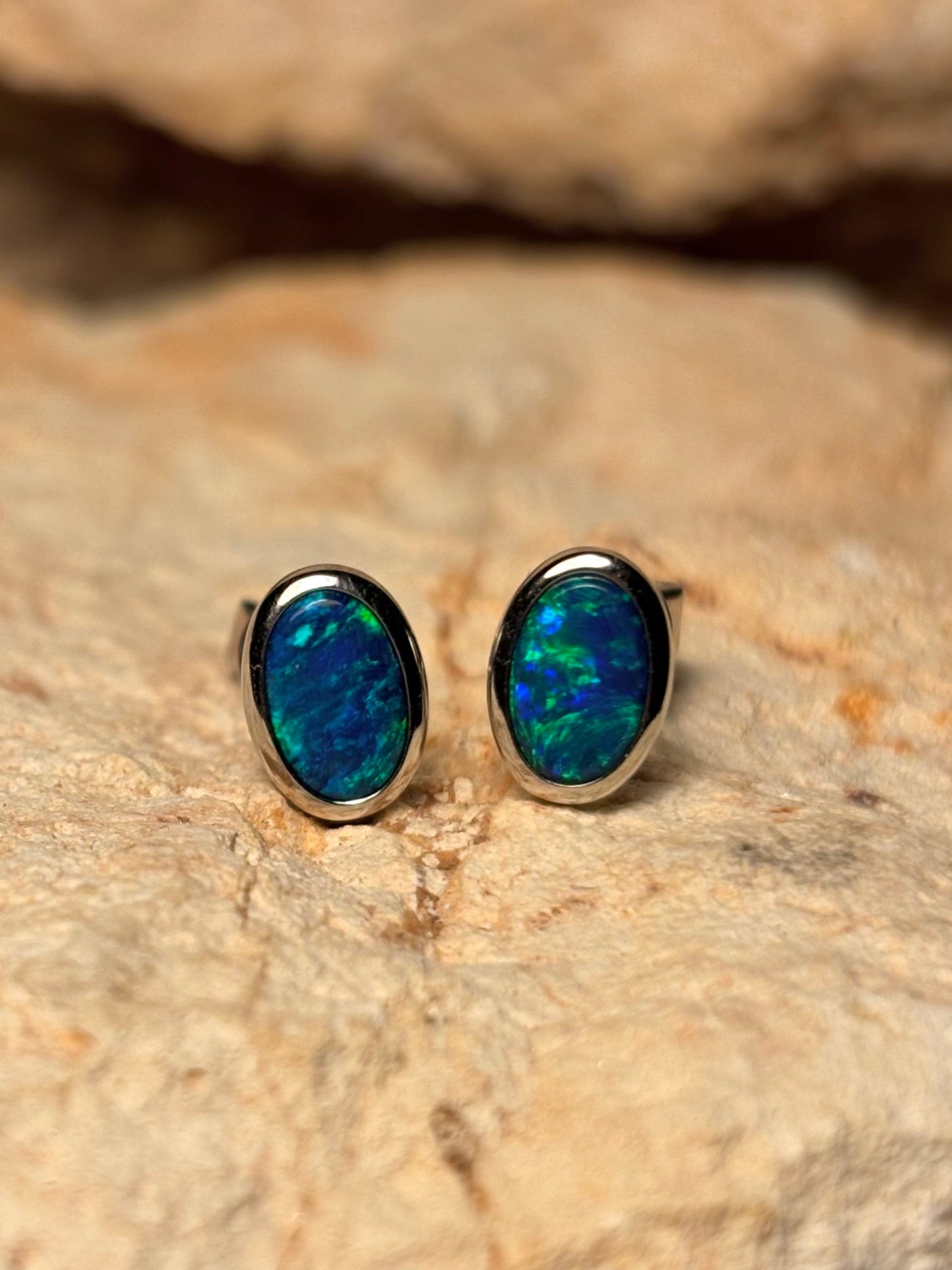 Marine glow studs - sterling silver opal doublet