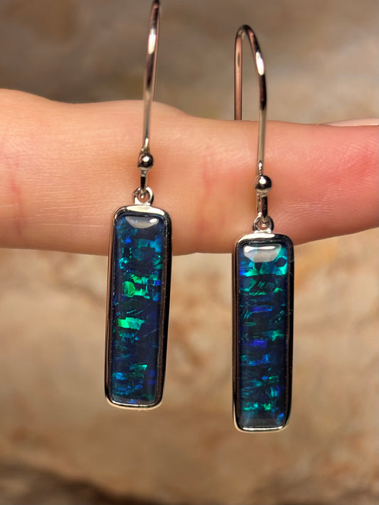 Long drop earrings - sterling silver opal triplet