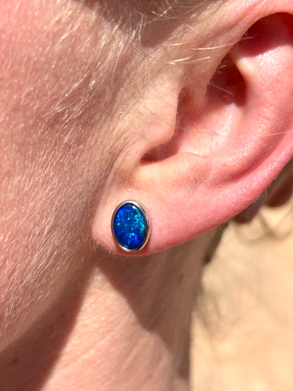 Midnight blue studs - sterling silver opal doublet