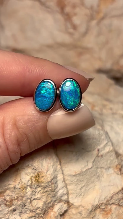 Oceanic stud earrings - sterling silver opal doublet