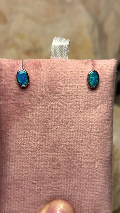 Marine glow studs - sterling silver opal doublet